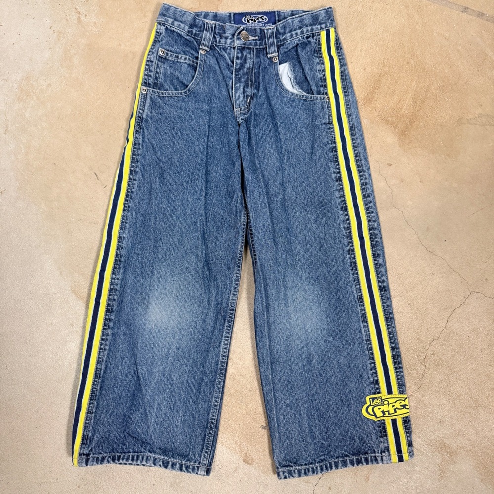 Lee Pipes baggy Kids Jeans Blue Denim Yellow Stripe Wide Leg Baggy Pants Size 8R